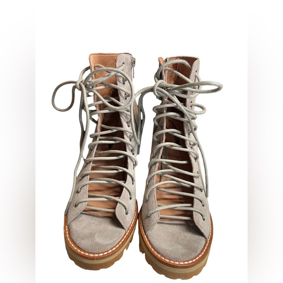 Jeffrey Campbell Free People NWOT Taupe Suede Open Front Lace up 4.5” Heel Shoes - Picture 3 of 11